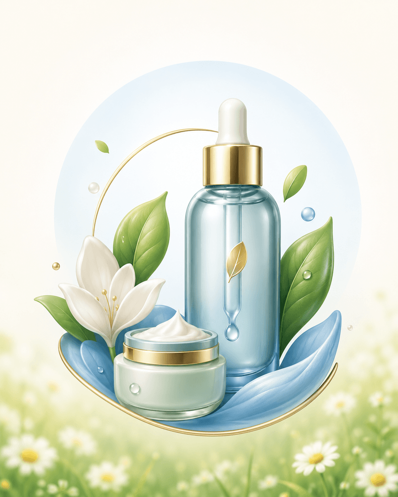 Illustration of beauty and personal care products with natural florals